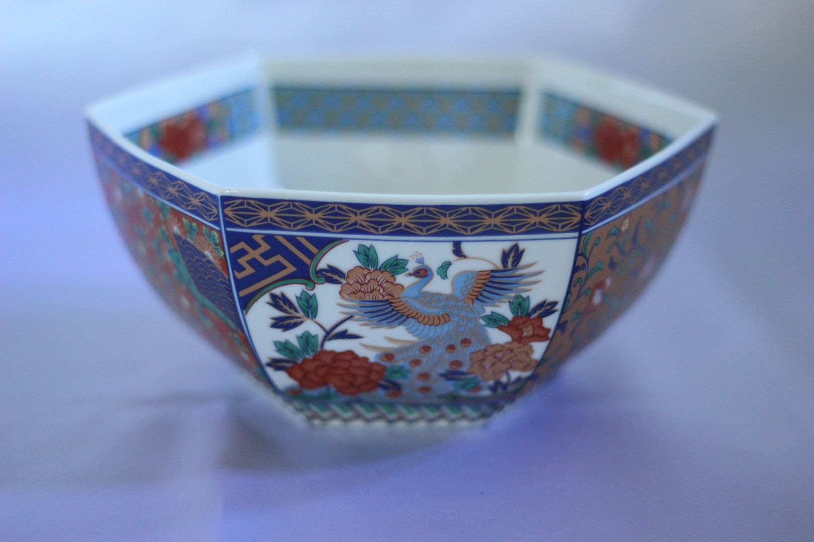 Vintage Andrea by Sadek Japanese Imari Hexagon Peacock Porcelain Bowl